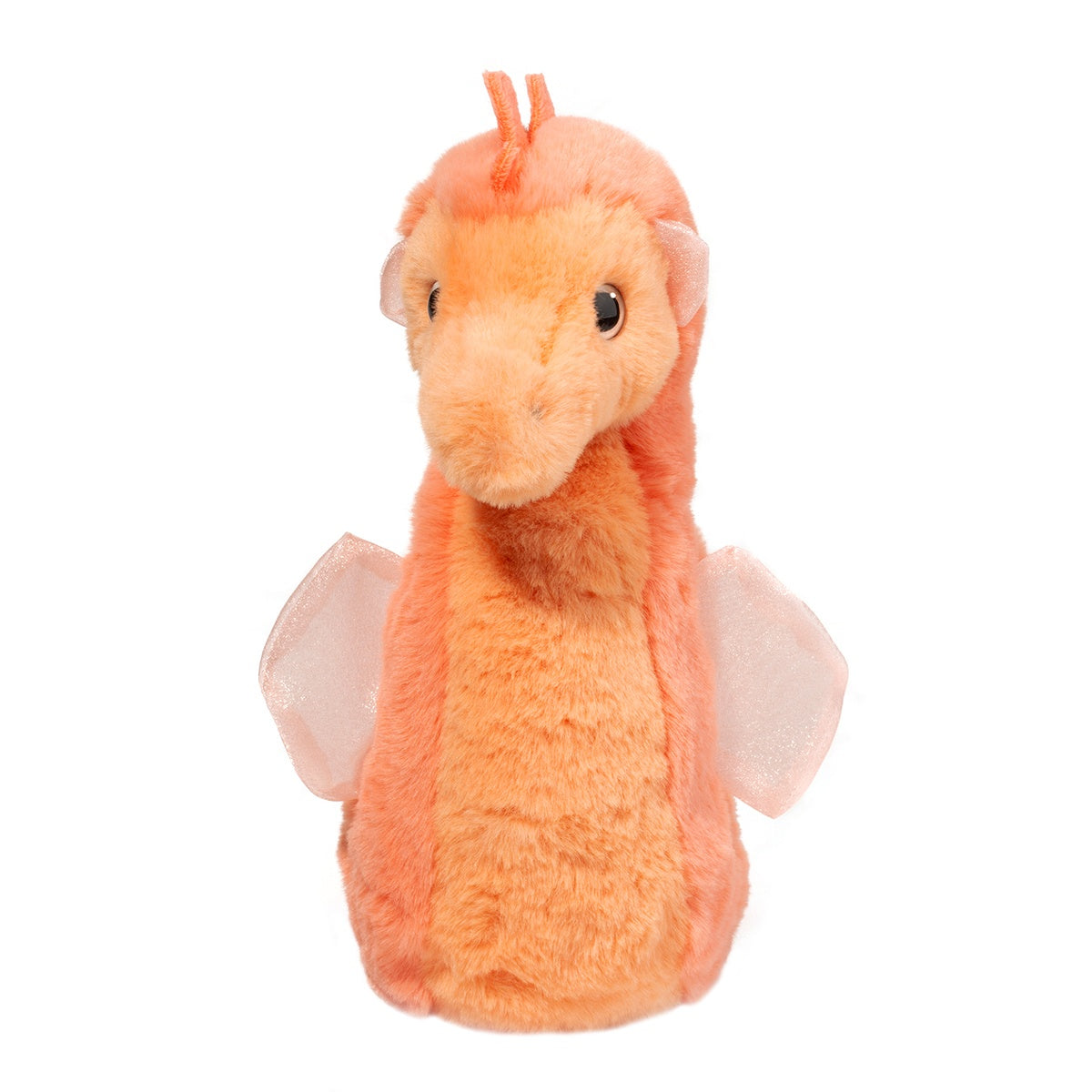 Seahorse Sherbet plush toy in bright orange with soft texture, gauzy fins, and a curlicue tail, perfect for cuddling.