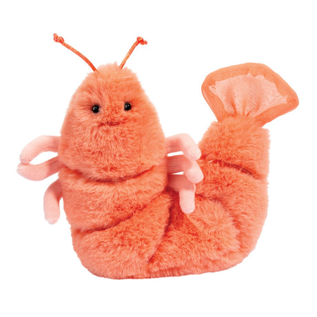 Soft plush toy of Salty the Shrimp in vibrant orange and pink with twinkling eyes, perfect for cuddling and play.