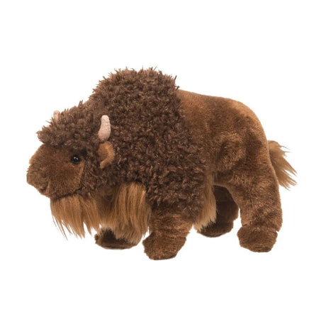 Buffalo Sue plush toy with shaggy brown fur, curved horns, cloven hooves, and soft lifelike textures.