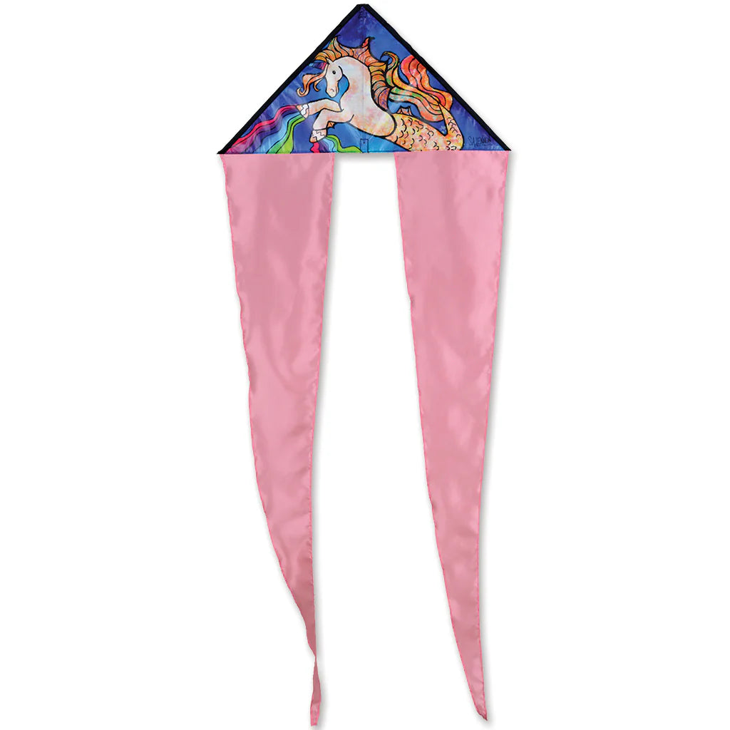 Zippy Flo-Tail Delta Kite | Mermaid Unicorn with colorful unicorn design and long pink flowing tails against white background.