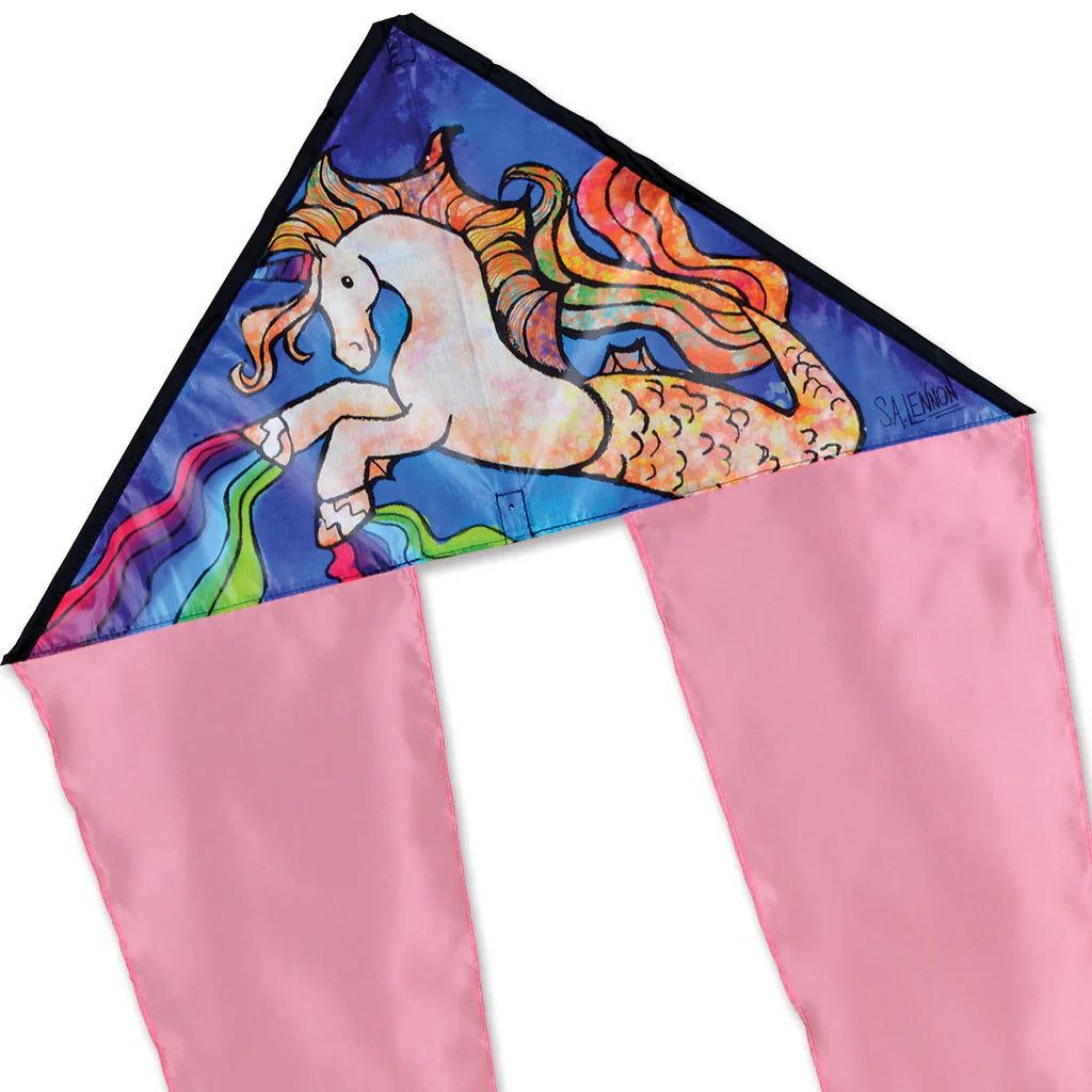Zippy Flo-Tail Delta Kite | Mermaid Unicorn with colorful unicorn mermaid design and long pink flowing tails.