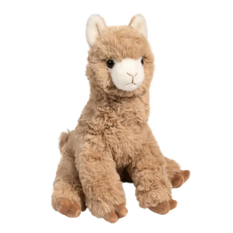 Alpaca Pete plush toy with tan, woolly fur, seated pose, dark eyes, and stitched facial details for cuddling.