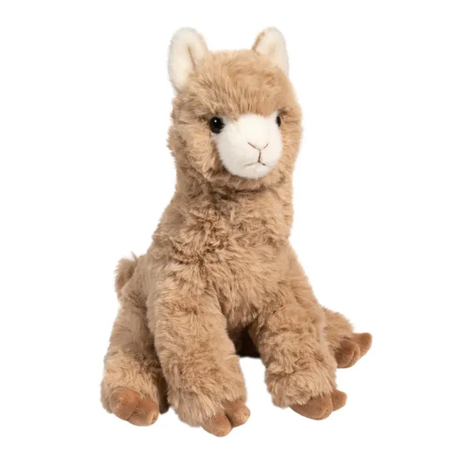 Alpaca Pete plush toy with tan, woolly fur, seated pose, dark eyes, and stitched facial details for cuddling.