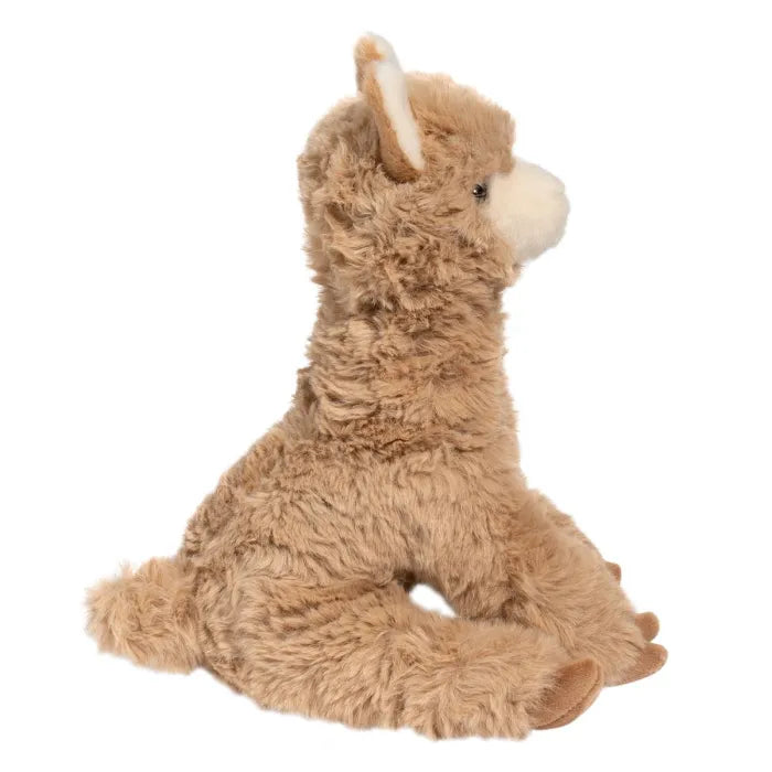 Alpaca Pete plush toy in tan seated pose with soft woolly fur and stitched facial details for cozy hugs.