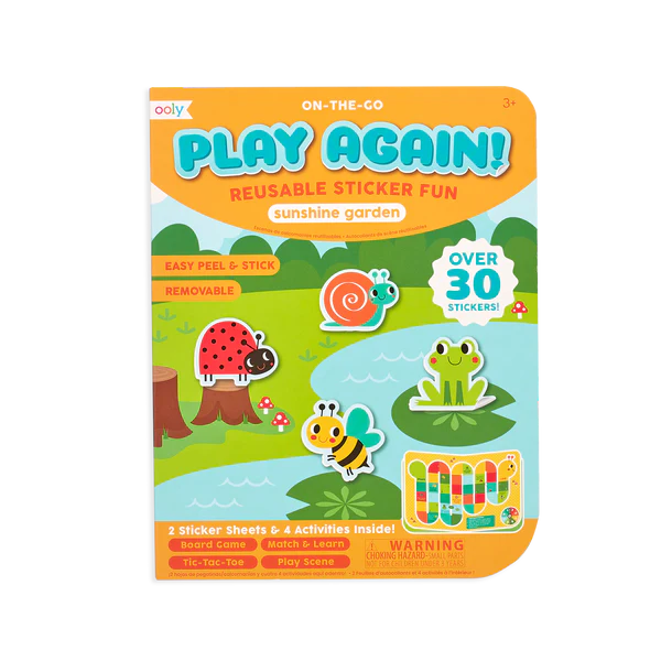 Play Again! Sunshine Garden reusable sticker activity book with over 30 stickers and fun garden-themed scenes for kids.