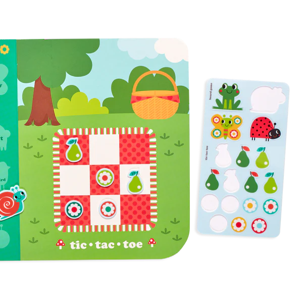 Play Again! Sunshine Garden reusable sticker and activity board book with tic tac toe game and animal stickers.