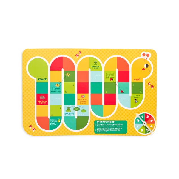 Play Again! Sunshine Garden reusable sticker activity board game with colorful path and spinner for kids ages 3 and up.