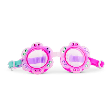 Googles Petal Flower swim goggles for kids, flower-shaped frame with rhinestone accents and adjustable straps.