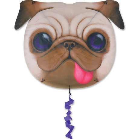 Fun Flyer Kite | Pug with a cute pug face design, 7 ft fuzzy tail, ripstop nylon fabric, and fiberglass frame.