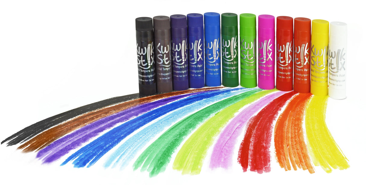 Kwikstix Tempura Paint Classic Colors showing a variety of vibrant solid paint sticks with colorful strokes.