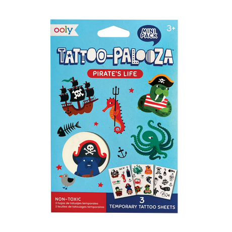 Pirate's Life Tattoos temporary tattoo set with three sheets featuring pirate animal designs on blue background.