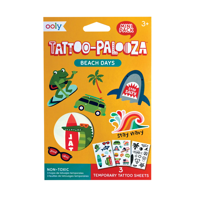 Beach Days Tattoos with colorful and black-and-white temporary tattoo sheets featuring silly beach designs for kids.