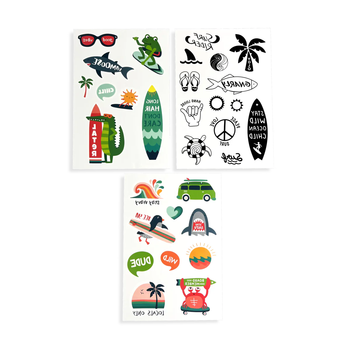 Beach Days Tattoos temporary tattoo sheets with colorful and black-and-white silly beach-themed designs for kids.