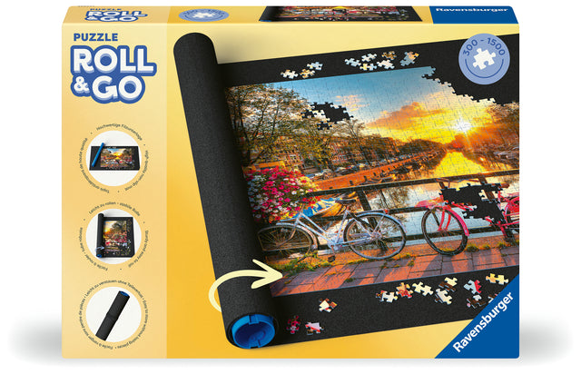 Puzzle Roll & Go showing a sturdy, no slip mat for easy rolling and storing 300-1500 piece puzzles.