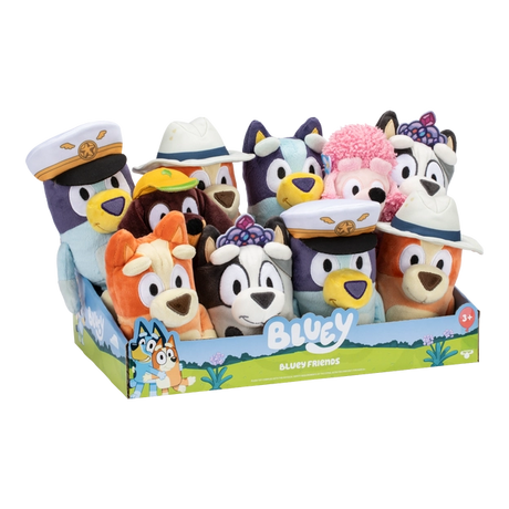 Colorful plush toys of Bluey and friends in a display box perfect for cuddles and imaginative play.
