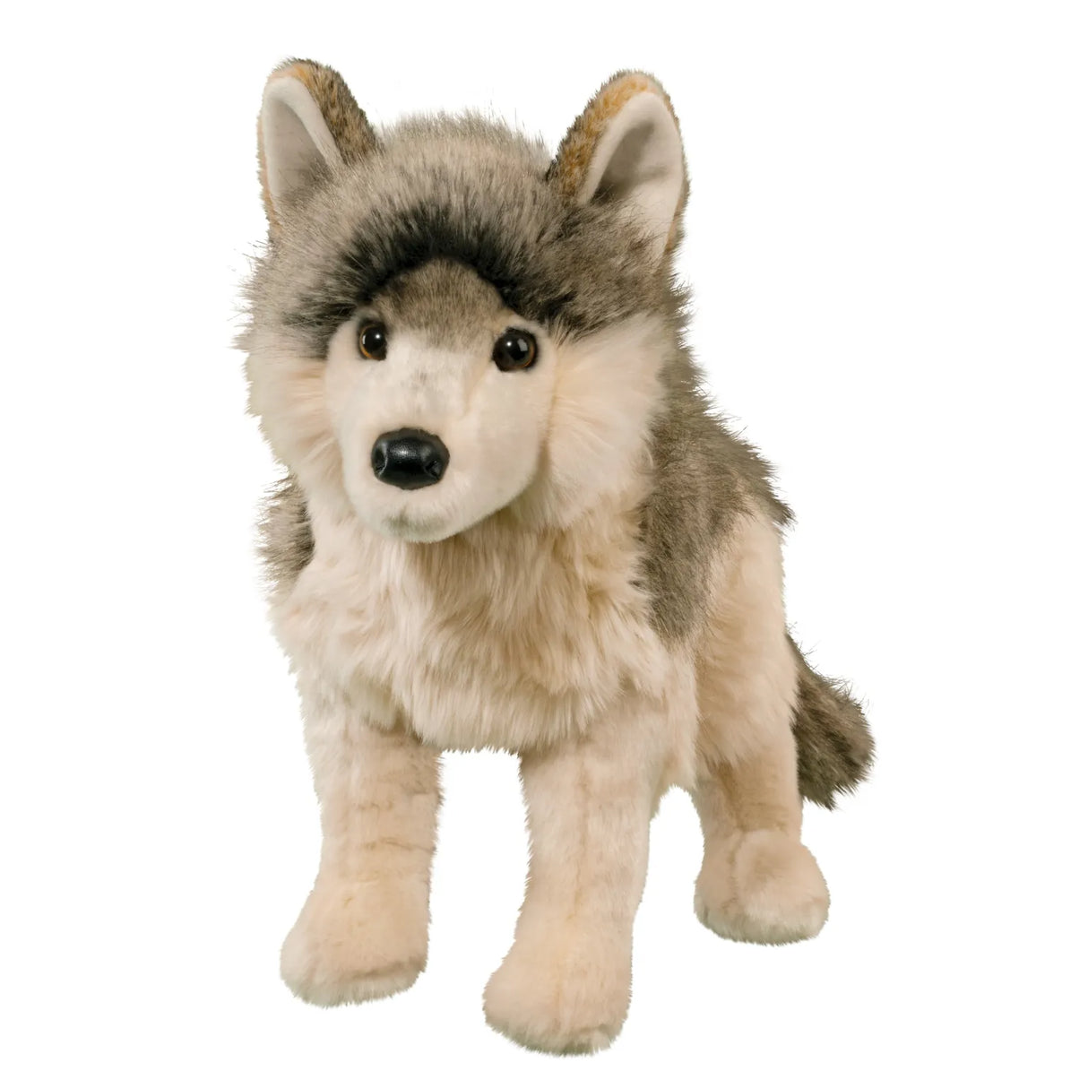 Wolf Dlux Smoke plush wolf with lifelike fur, amber eyes, and soft leatherette nose, perfect for cuddling and posing.