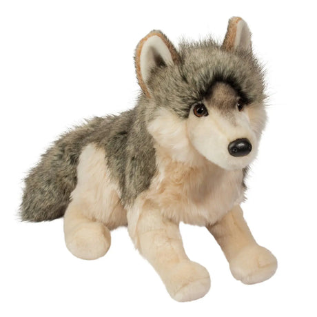 Wolf Dlux Smoke plush wolf with realistic fur, amber eyes, and soft leatherette nose for cuddly wildlife lovers.