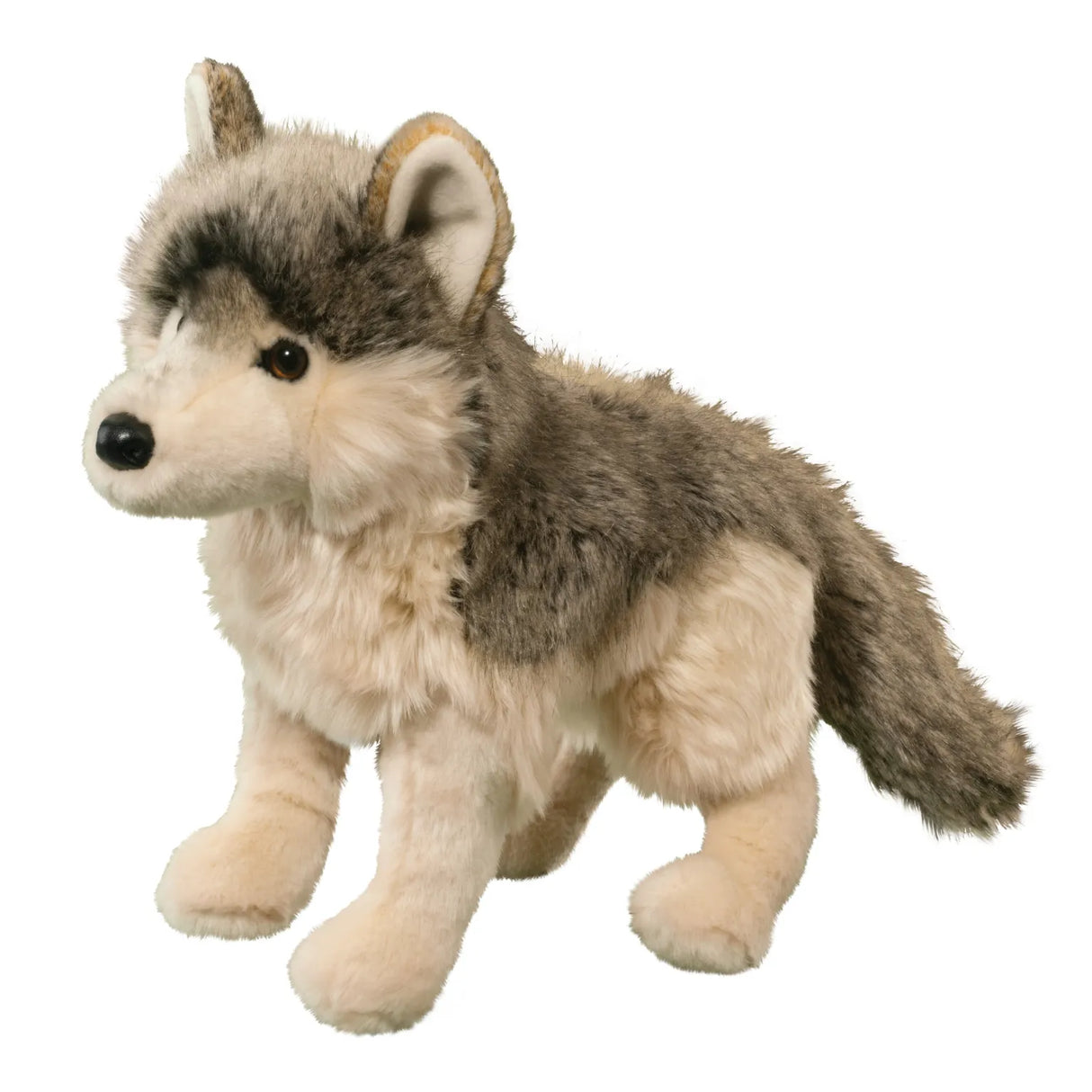 Wolf Dlux Smoke plush wolf with realistic fur, amber eyes, and soft leatherette nose, perfect for cuddling and posing.