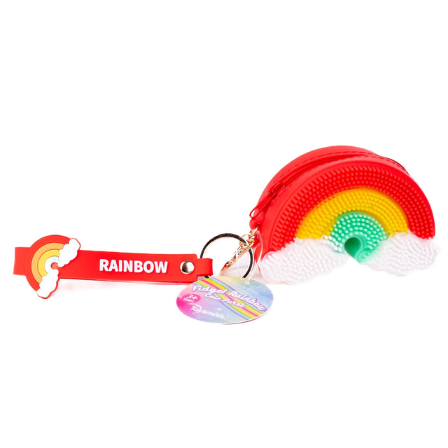 Fidget Rainbow Coin Purse shaped like a rainbow with clouds, zipper, and red wrist lanyard with a small rainbow charm.