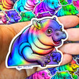 Pygmy Hippo Holographic Sticker showing a colorful, waterproof, durable design by Ryan McCulloch held in hand.