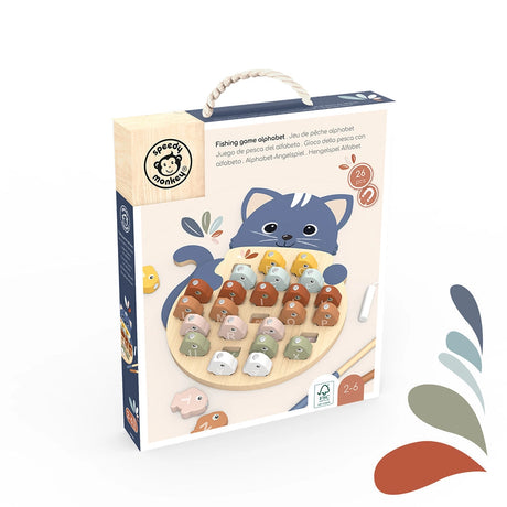 Wooden alphabet fishing game with colorful lettered fish and two magnetic rods for toddler learning and play.