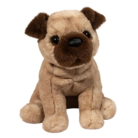 Soft plush Pug Milo stuffed animal with chocolate brown face mask, floppy ears, and soulful brown eyes sitting upright.