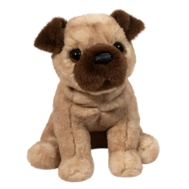 Soft plush Pug Milo stuffed animal with chocolate brown face mask, floppy ears, and soulful brown eyes sitting upright.