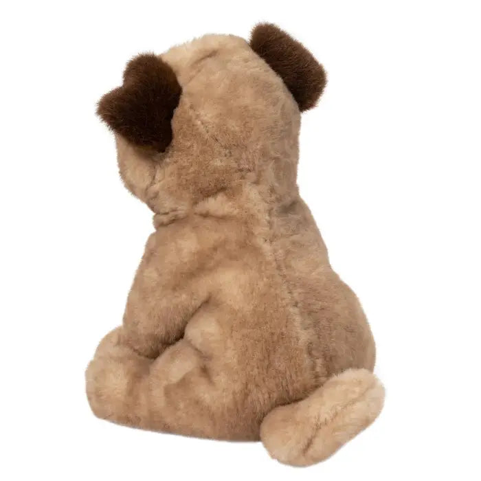 Back view of Pug Milo plush dog showing soft fur, folded ears, and curled tail in a seated pose.