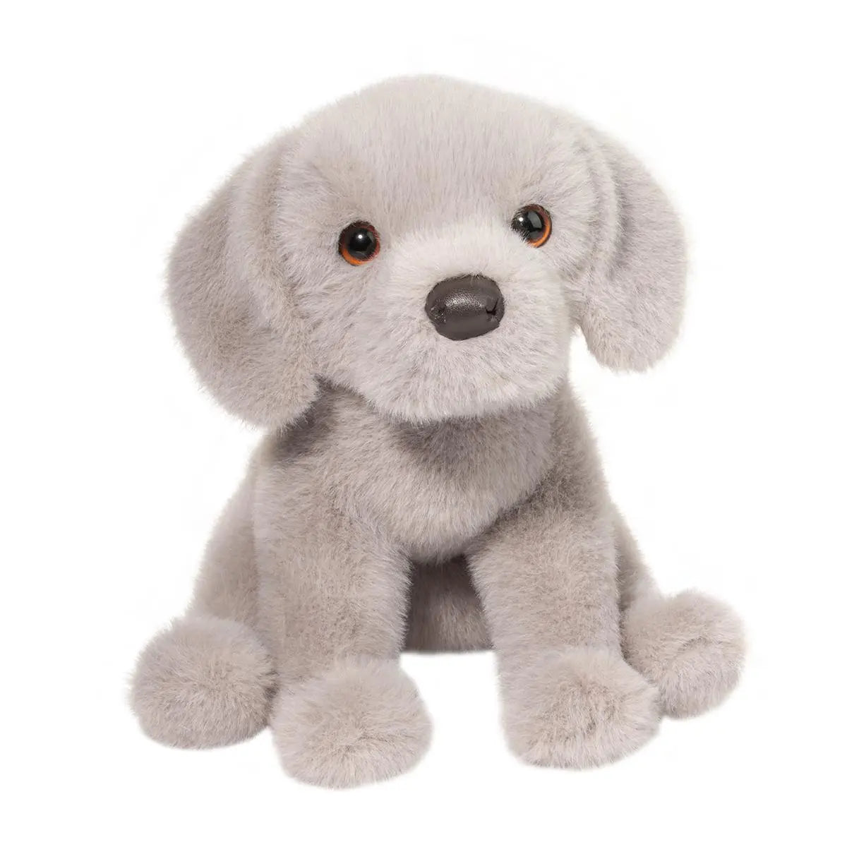 Silver Lab Argento stuffed animal with soft plush fur, floppy pose, and sweet puppy face perfect for cuddling.