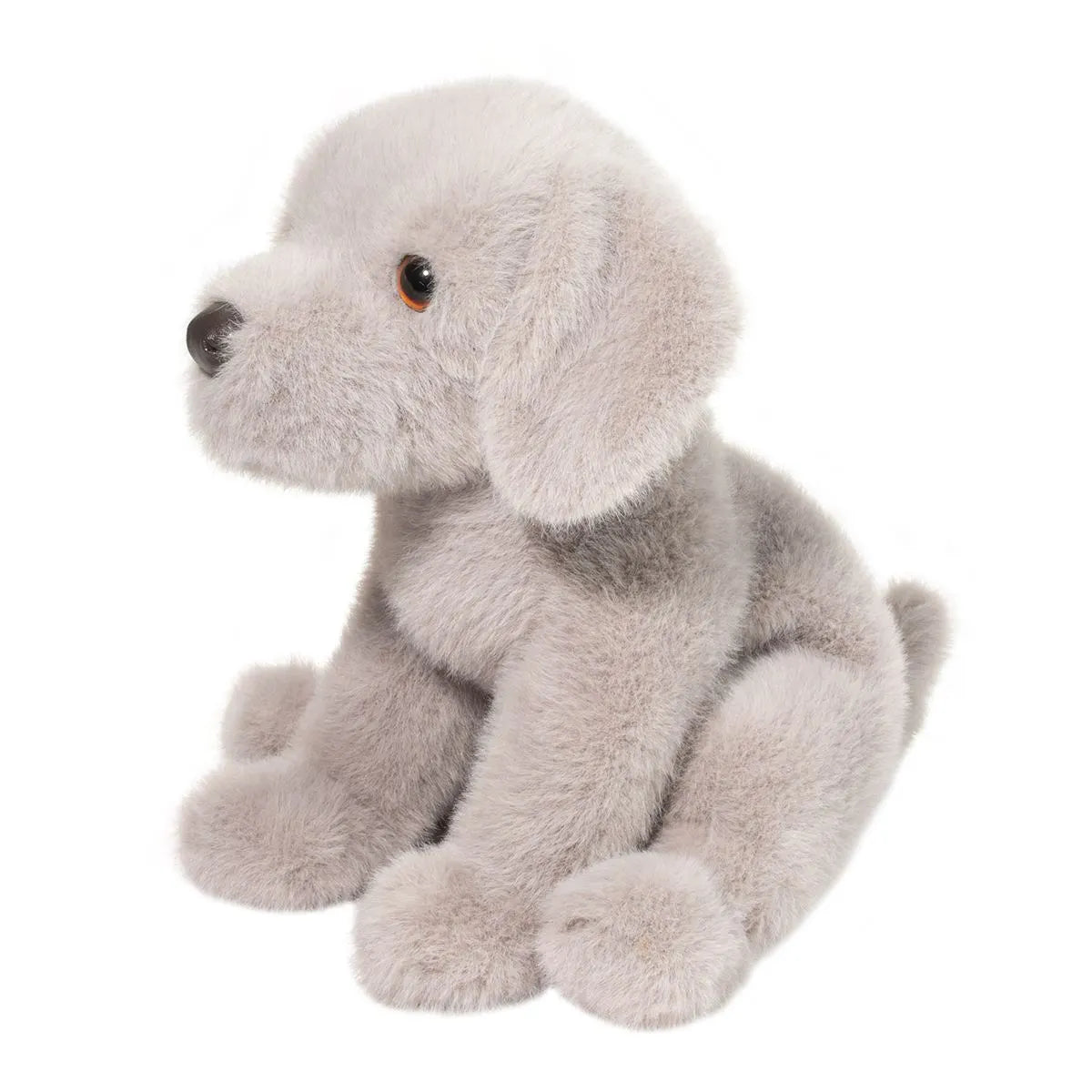 Silver Lab Argento stuffed animal with soft silvery plush fur, floppy pose, and realistic puppy face features.