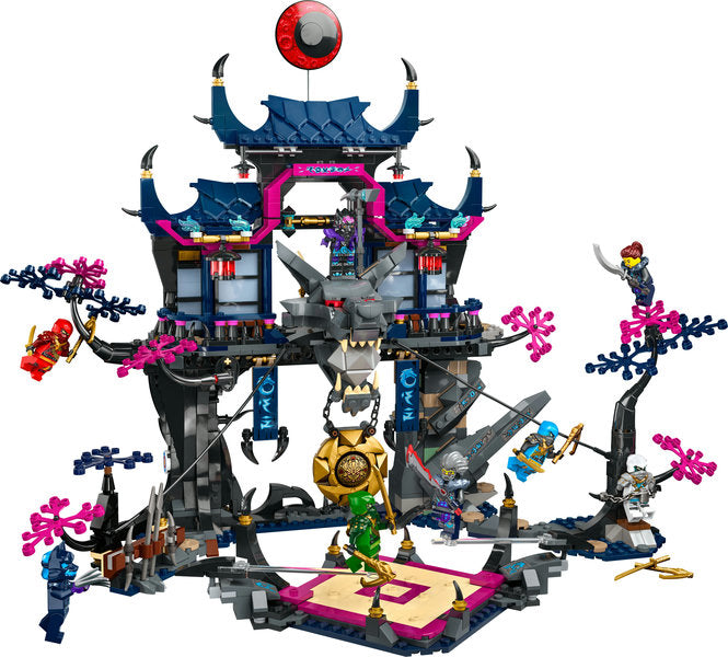 Ninjago Wolf Mask Shadow Dojo building kit with dojo, minifigures, aerial combat features, and wolf’s head trap.