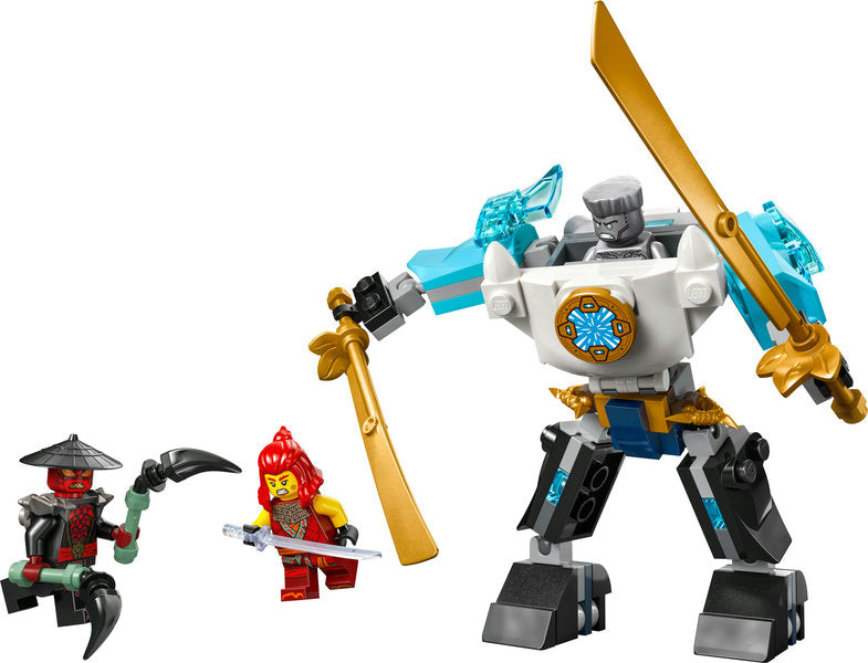 Ninjago Zane's Battle Suit Mech with posable arms, rotating body, sword accessories, and three NINJAGO minifigures.