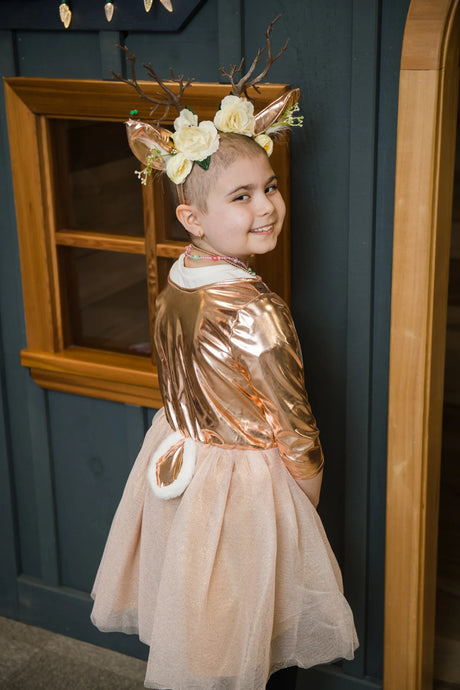 Woodland Deer Dress & Headband Size 5-6 worn by smiling child showing metallic top and tulle skirt with deer tail.