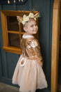 Woodland Deer Dress & Headband Size 5-6 worn by smiling child showing metallic top and tulle skirt with deer tail.