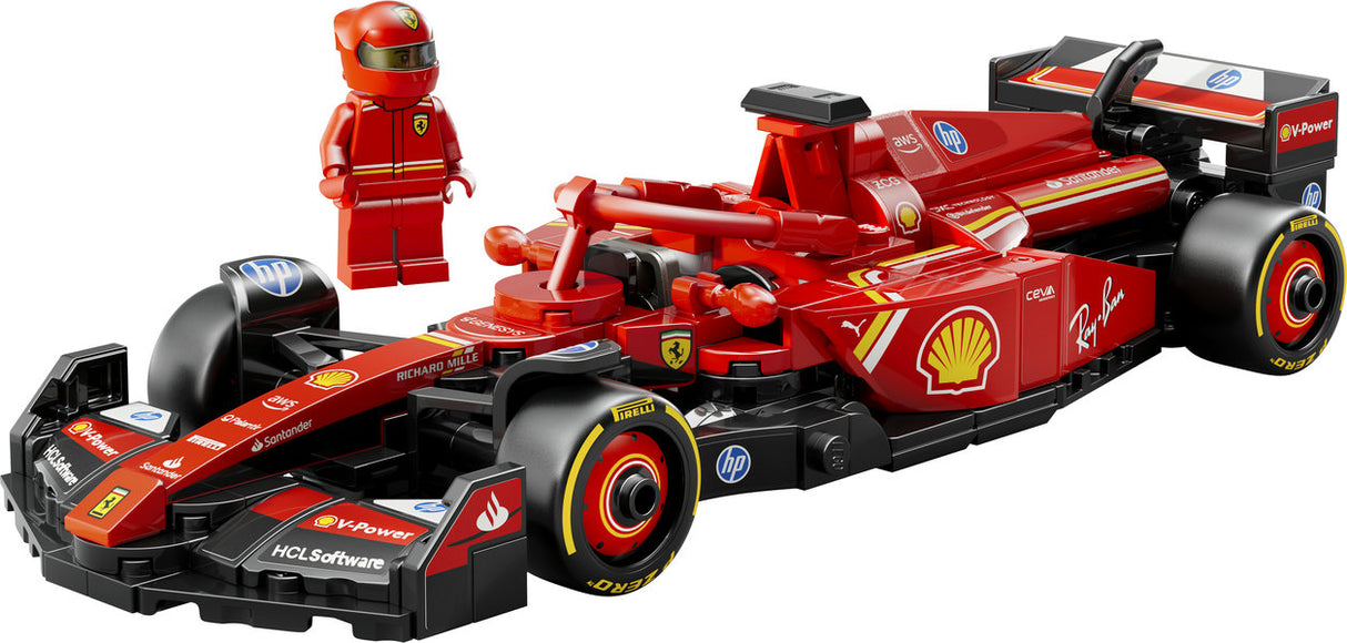 Speed Ferrari SF-24 F1 Race Car LEGO model with detailed cockpit, sponsor stickers, wide tires, and driver minifigure in Ferrari suit.