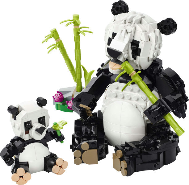 Creator Wild Animals: Panda Family LEGO set featuring posable adult and baby panda figures with bamboo and flowers.