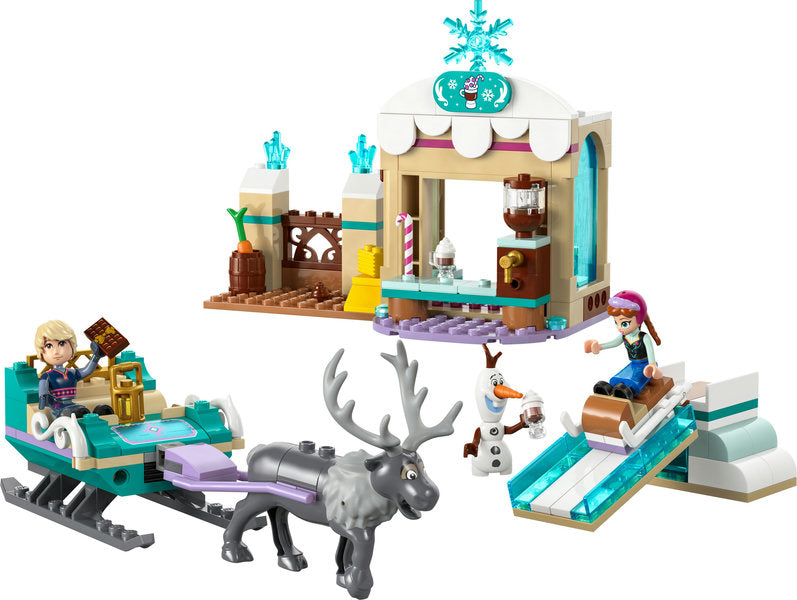 Disney Princess Anna's Sleigh Adventure with Anna, Kristoff, Sven, Olaf, sleigh, and hot chocolate stand playset.