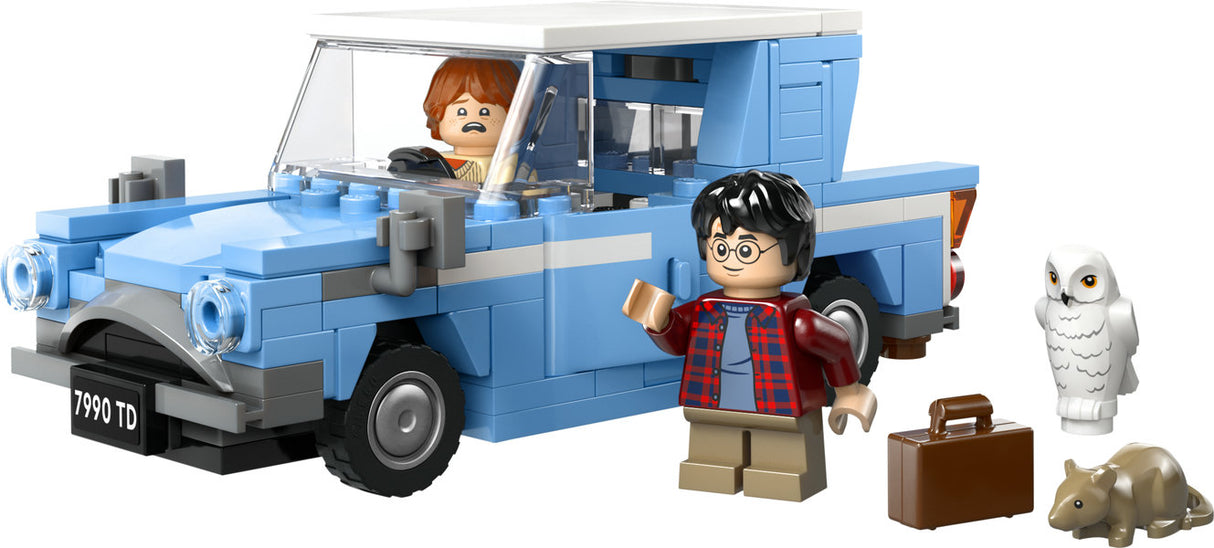 Harry Potter Flying Ford Anglia LEGO set with Harry, Ron, Hedwig, and accessories for imaginative play.