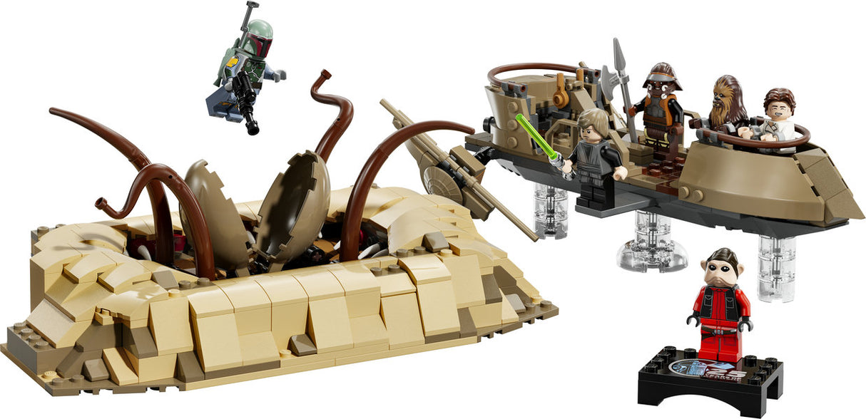 LEGO Star Wars Desert Skiff & Sarlacc Pit playset with minifigures, skiff hover effect, and movable Sarlacc tentacles.