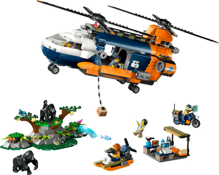 City Jungle Explorer Helicopter at Base Camp LEGO set with helicopter, minifigures, gorillas, swamp boat, and jungle base camp.