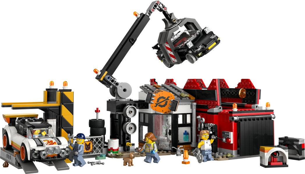 LEGO City Scrapyard with Cars set featuring salvage worker minifigures, claw crane, crusher, and two classic ’80s cars.