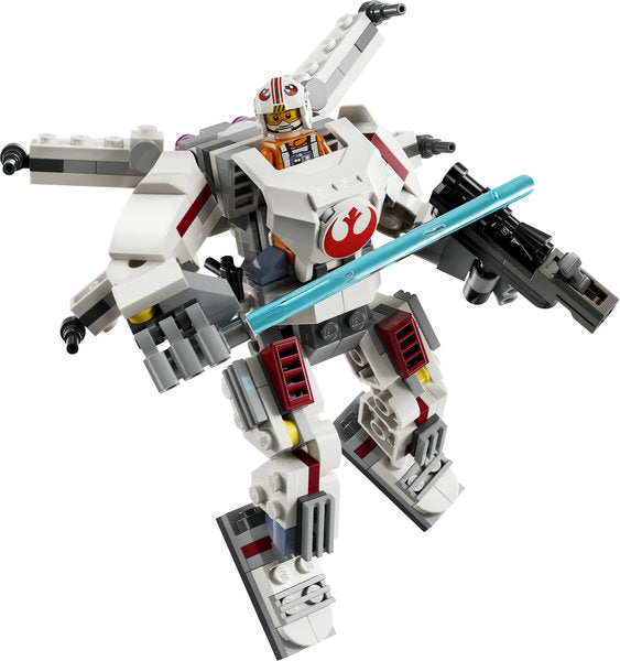 LEGO Star Wars Luke Skywalker X-Wing Mech with minifigure, lightsaber, blaster, and posable features for kids.