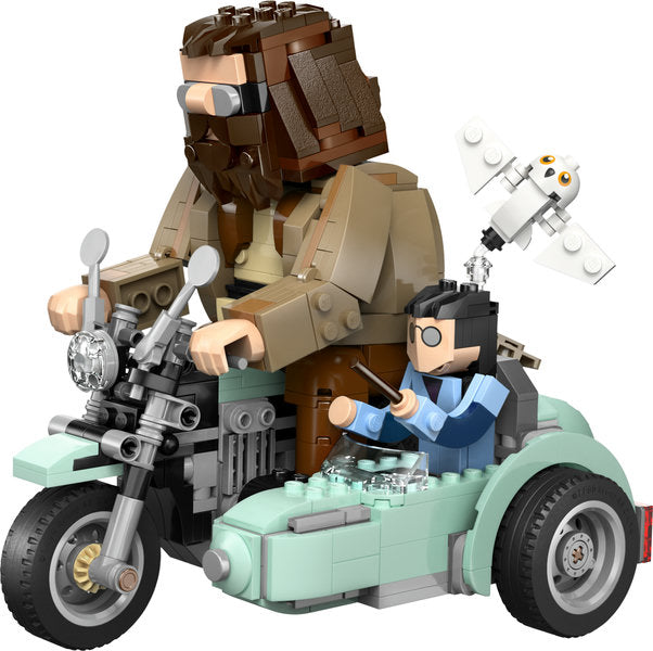 LEGO Harry Potter Hagrid & Harry's Motorcycle Ride with posable figures and Hedwig on a motorbike and sidecar display set.