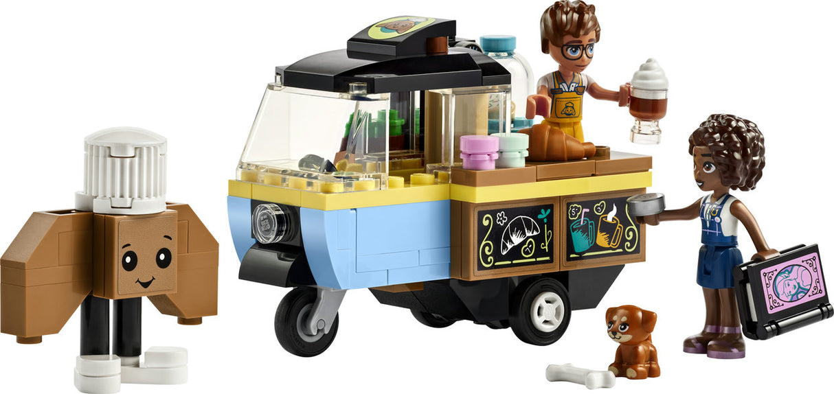 Friends Mobile Bakery Food Cart LEGO playset with mini-dolls, bakery cart, dog, and accessories for creative role play.