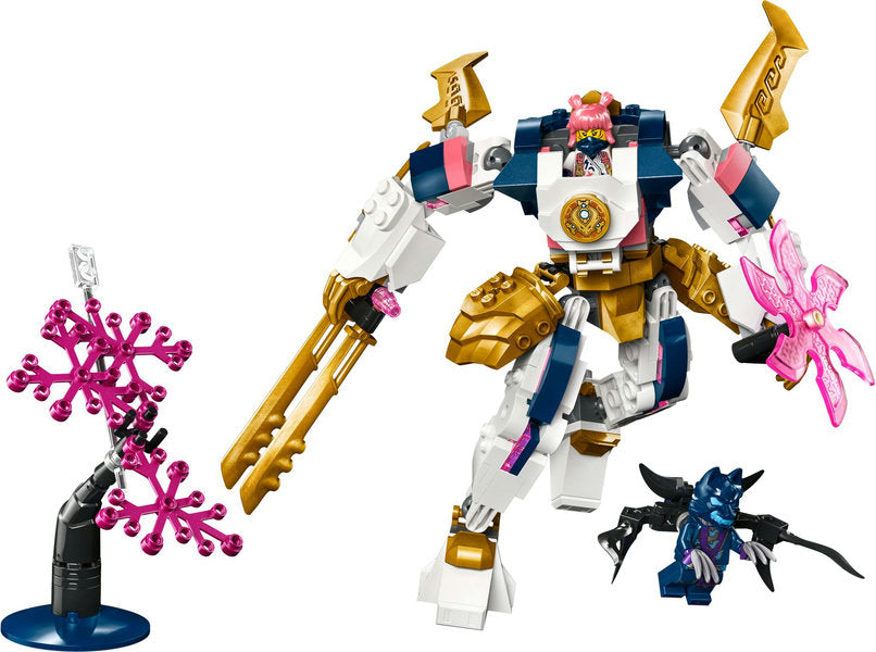 Ninjago Sora's Elemental Tech Mech with posable arms, large sword, rotating blade, and two ninja minifigures.