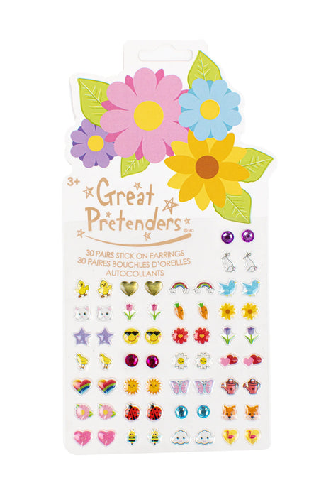Stick On Earrings | Spring Flower with 30 pairs of colorful spring-themed floral and animal sticker earrings for kids 3 and up.