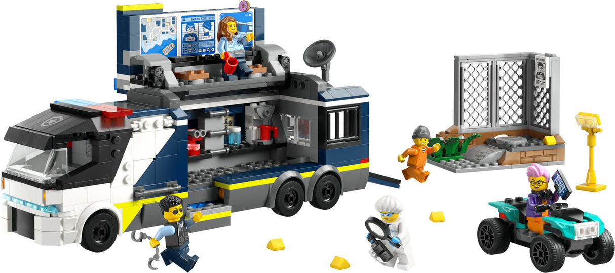 City Police Mobile Crime Lab Truck toy with open crime scene lab, quad bike, minifigures, and forensic equipment playset.