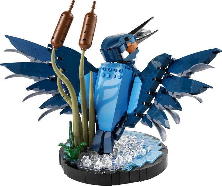 LEGO Icons Kingfisher Bird building set showing a blue kingfisher with spread wings emerging from water with reeds.