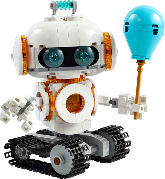 Creator Space Robot LEGO model on moving tracks holding a blue balloon, white and orange space-themed toy.