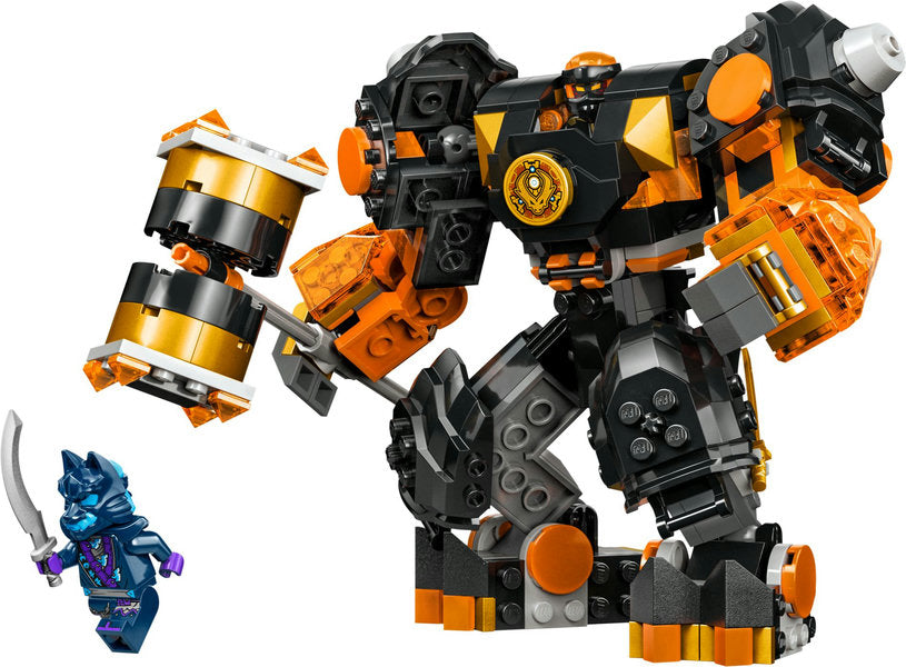 Ninjago Cole's Elemental Earth Mech toy with posable mech, hammer, and two minifigures for ninja play adventure.